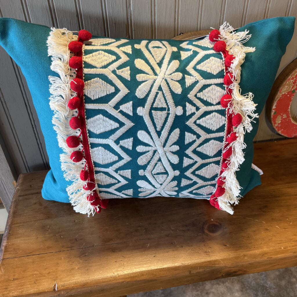 Aunbrie Navy Embroidered PomPo, Fringe Pillow