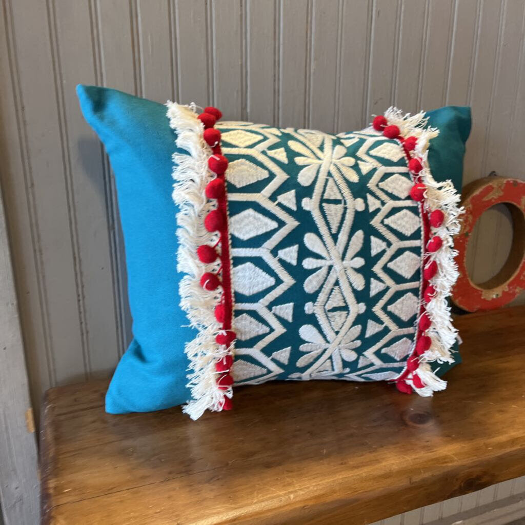 Aunbrie Navy Embroidered PomPo, Fringe Pillow