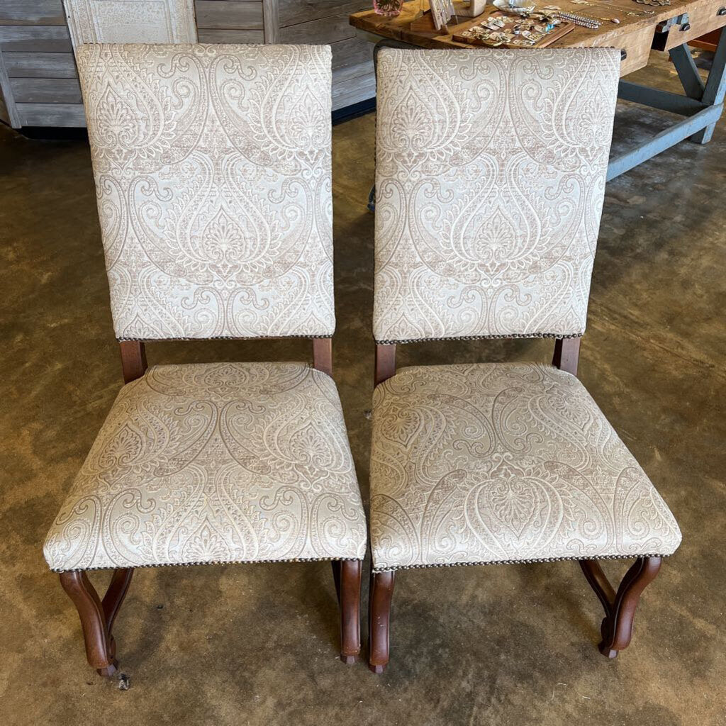 Set of 2 Carved Wood Studded Upholstered Dining Chairs