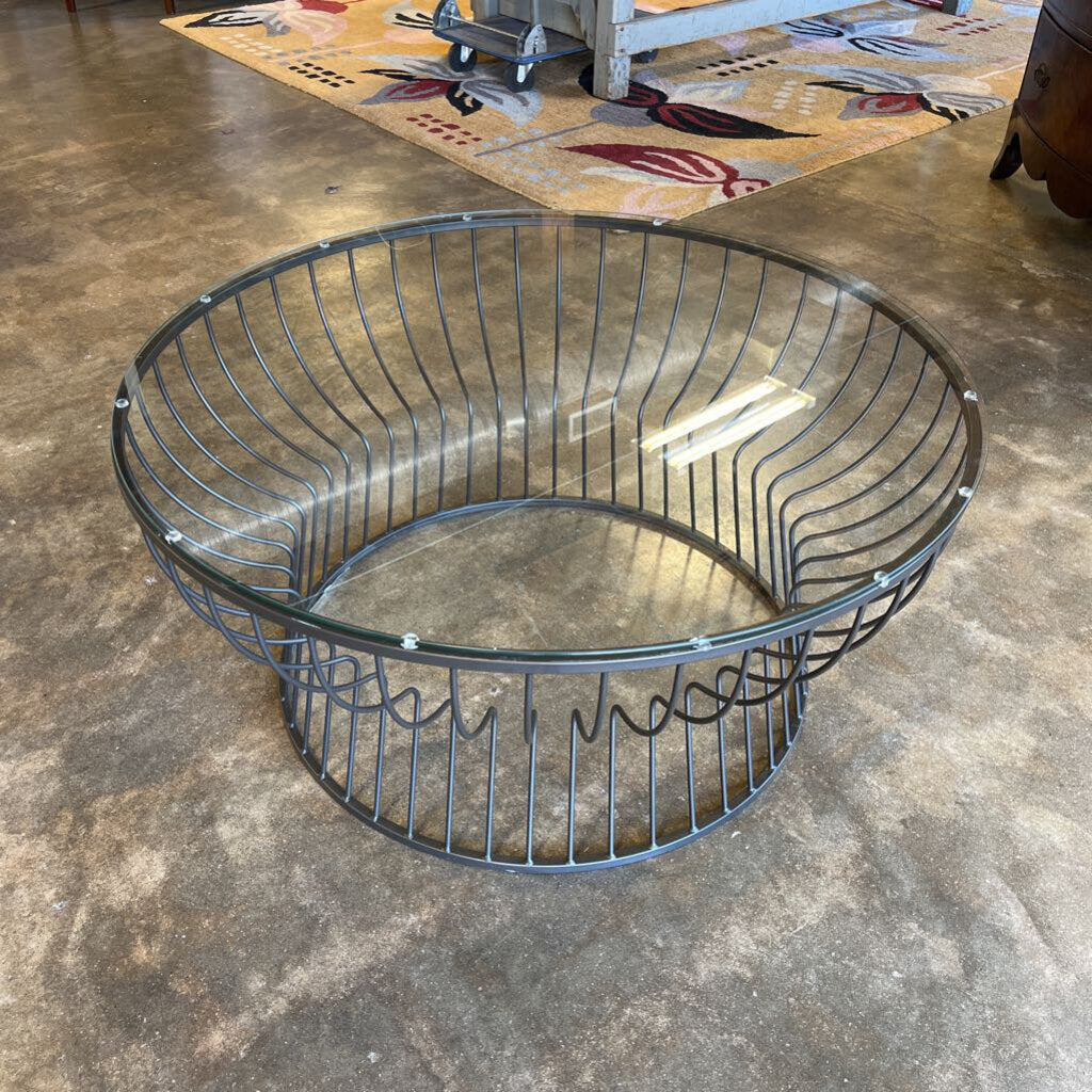 Round Glass Top Metal Wire Base Coffee Table 36'R