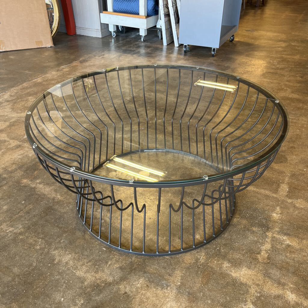 Round Glass Top Metal Wire Base Coffee Table 36'R