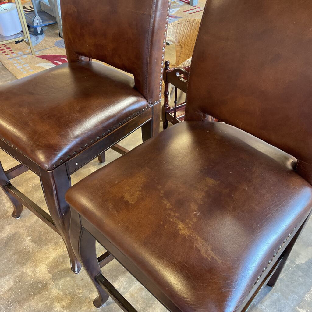 Set of 2 Studded Leather Barstools Counter Height