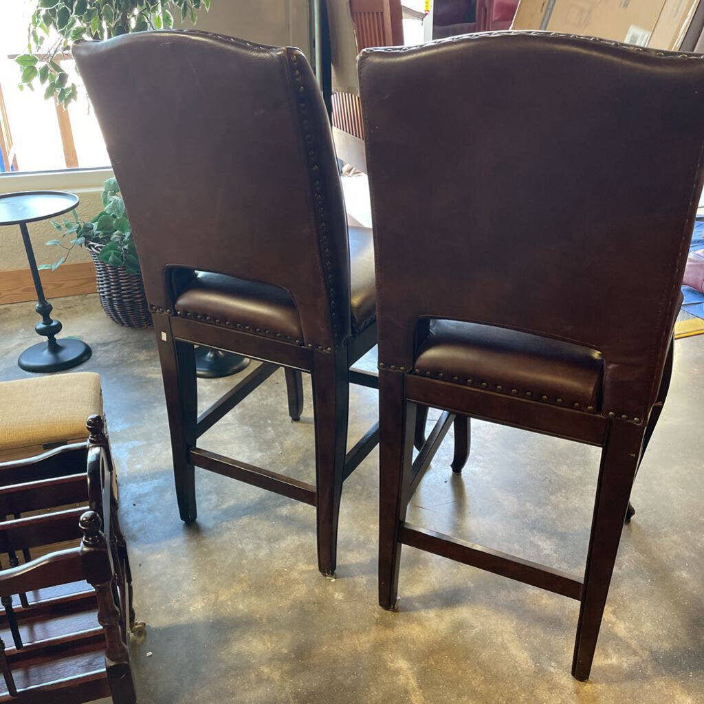 Set of 2 Studded Leather Barstools Counter Height