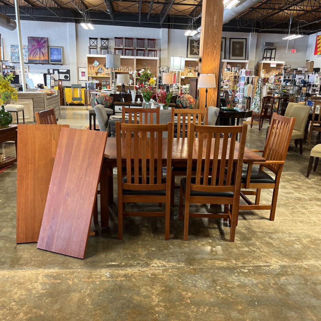 Crate & Barrel Cherry Table w/ 2 Leaves & 6 Chairs- Leather Seat