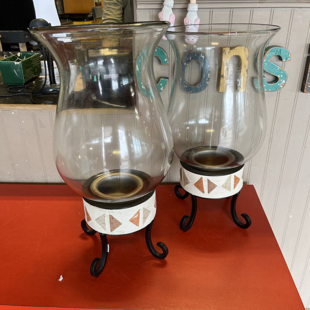 Set of 2 Blown Glass Wrought Iron Hurricane Candleholders