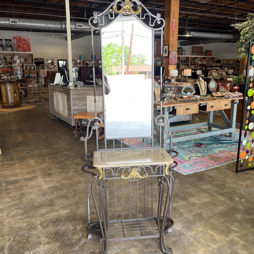 Wrought Iron Hall Tree w/ Mirror/Marble 32x78.5x14