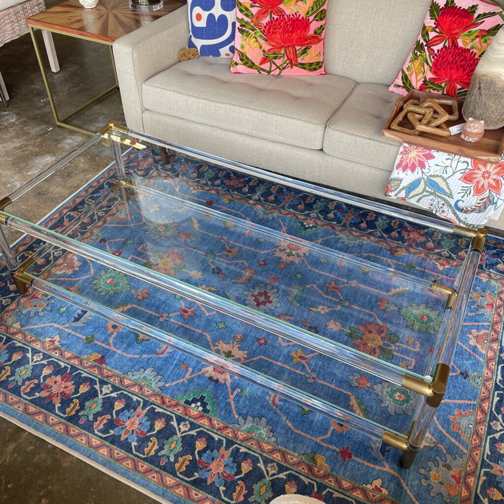 2 tiered Lucite/Brass/Glass Coffee Table 58.25x26