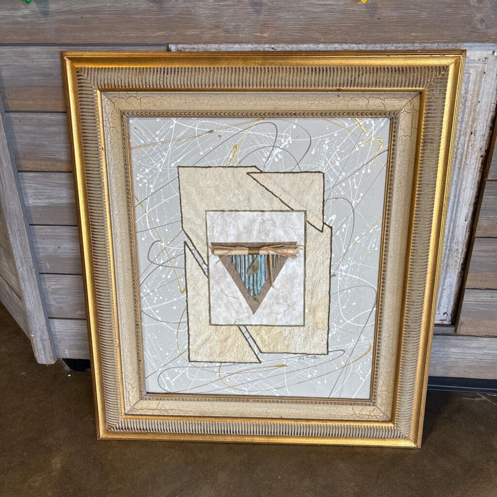 Abstract Geometric Mixed Media Gold Frame Art 29" x 33"