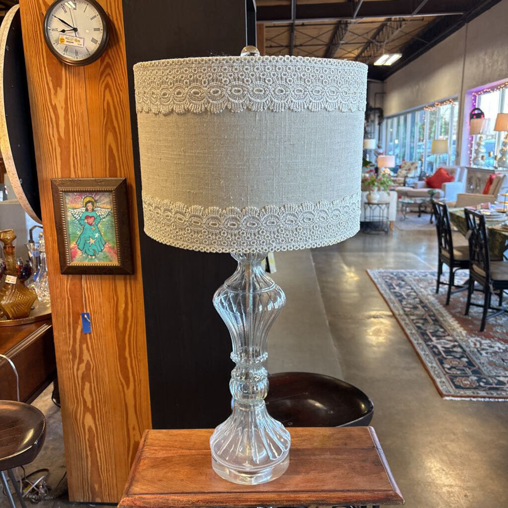 Glass Base Lamp with Linen Drum Shade