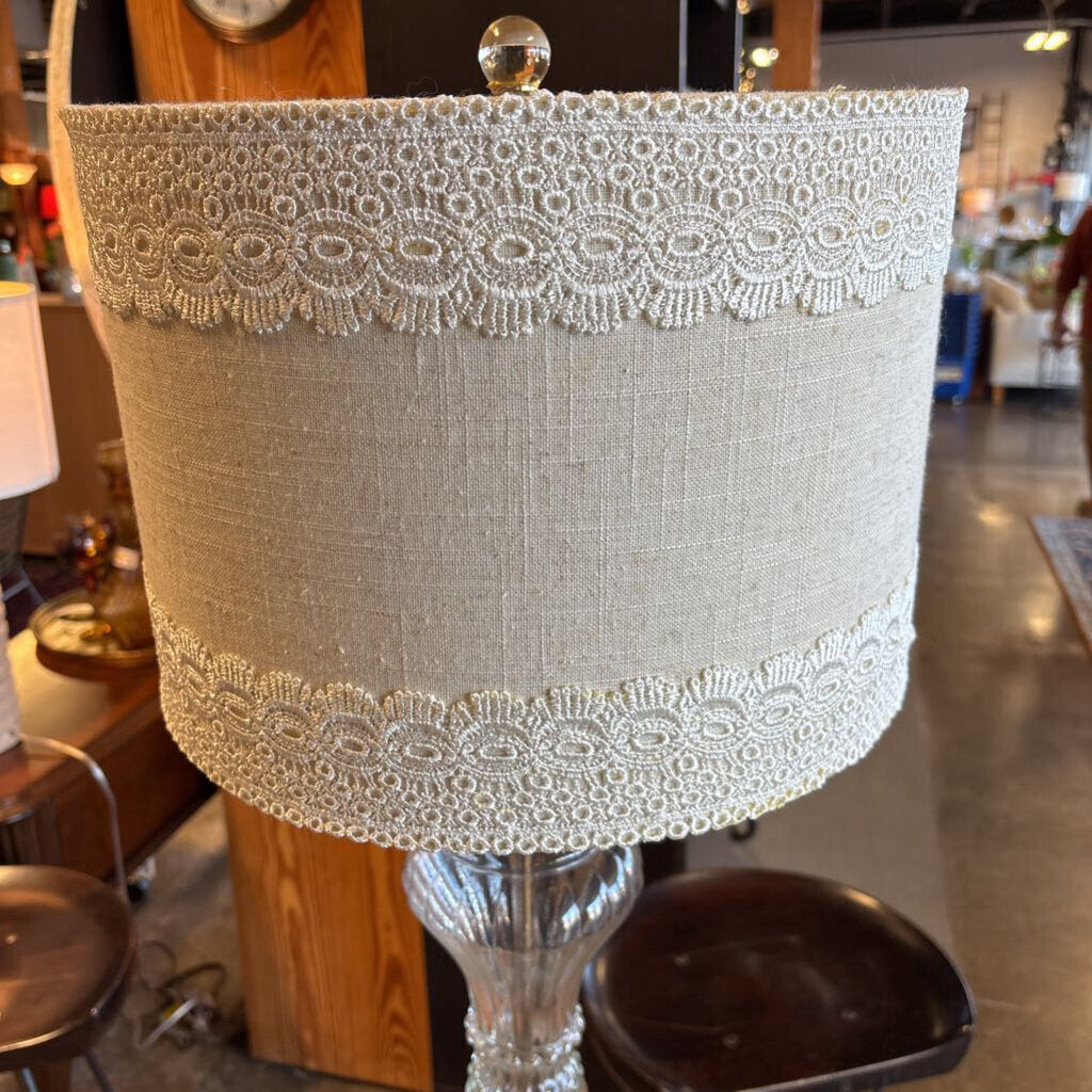 Glass Base Lamp with Linen Drum Shade
