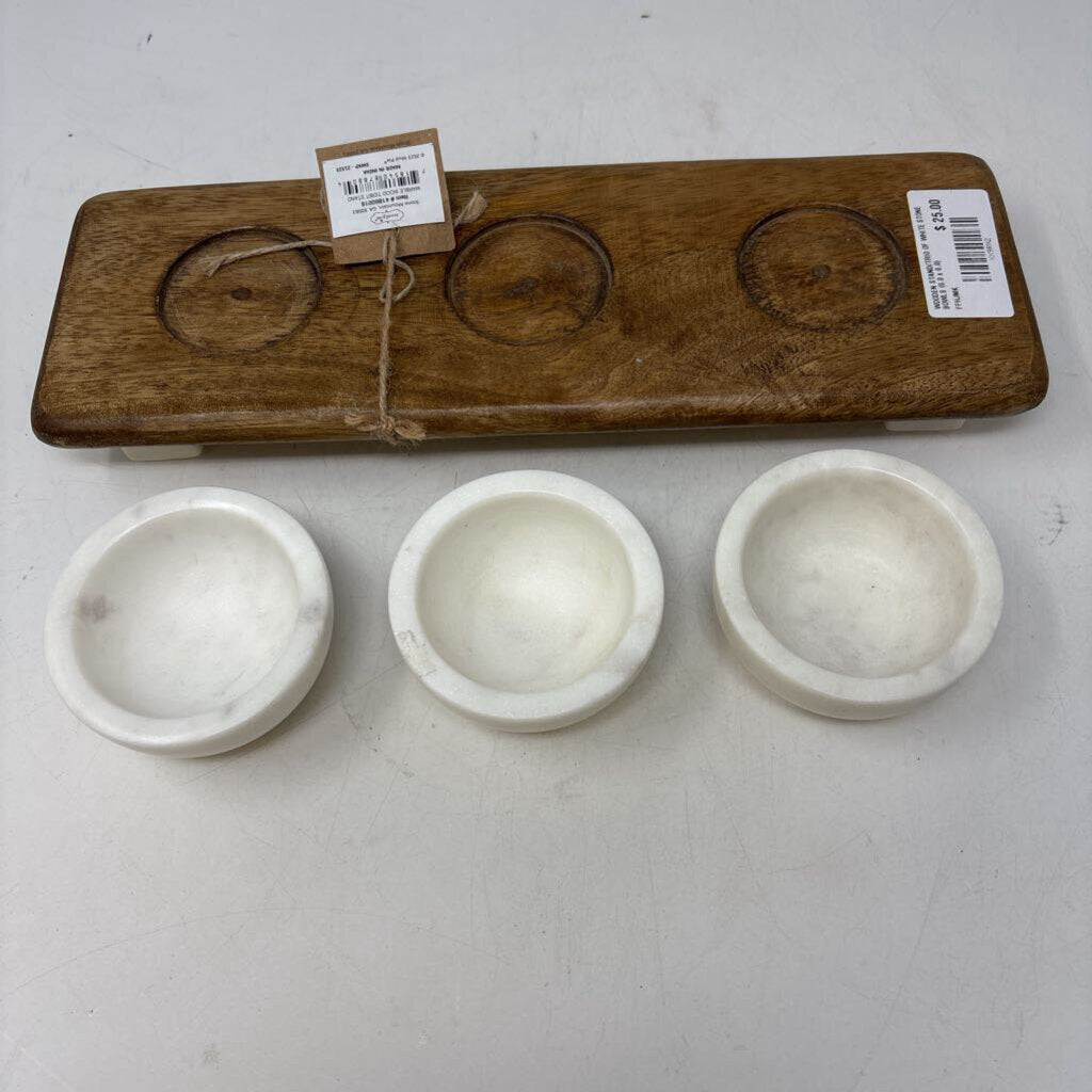Wooden Stand with 3 Stone Bowls