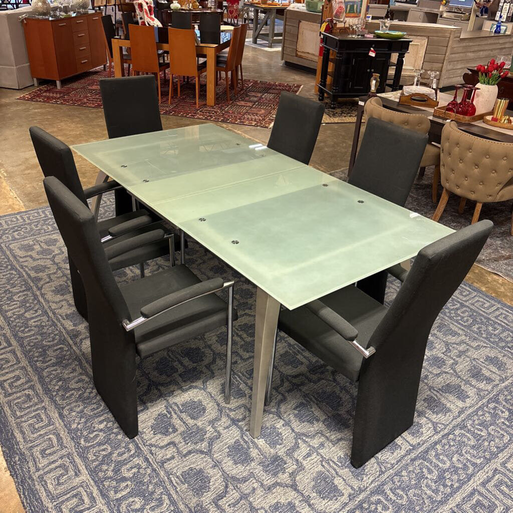 Modern Glass Top Table, Leaf and 6 Upholstered Chairs
