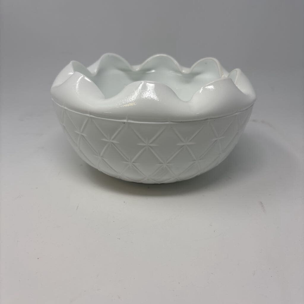 Ruffled Edge Diamond Design Milk Glass Bowl