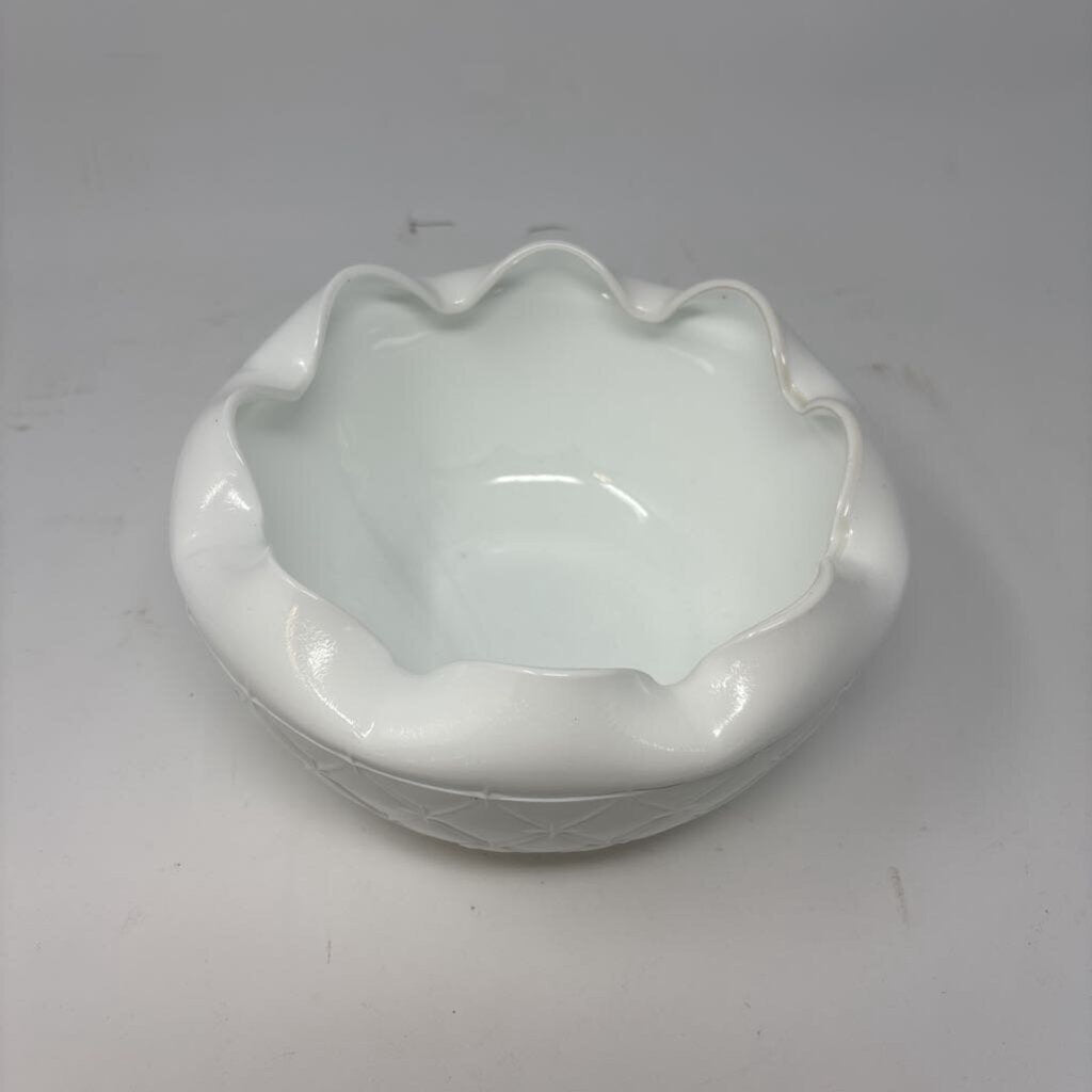 Ruffled Edge Diamond Design Milk Glass Bowl