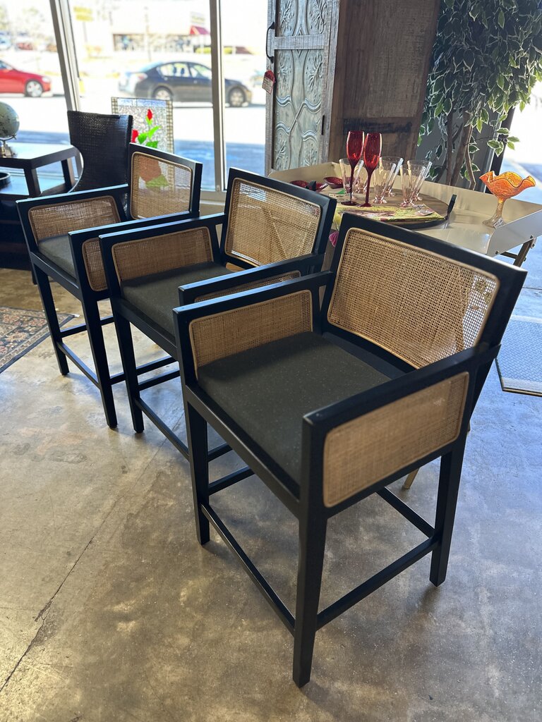 Set 2 Black Caned Cushioned Barstools