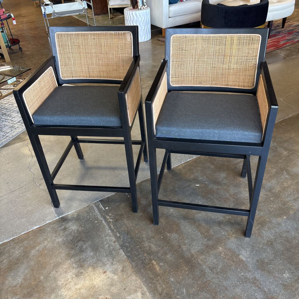 Set 2 Black Caned Cushioned Barstools