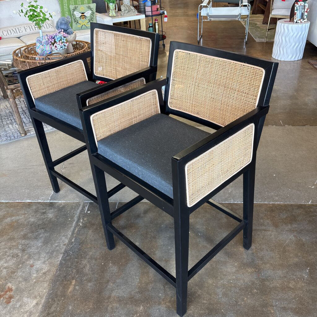 Set 2 Black Caned Cushioned Barstools