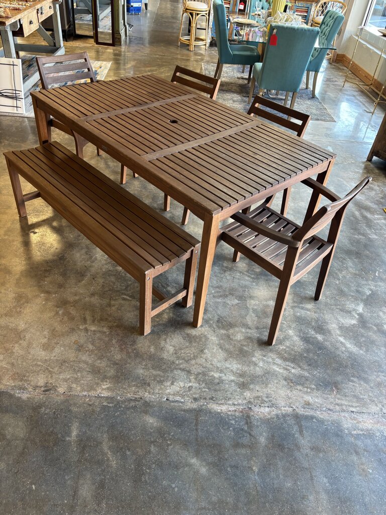Solid Teak Outdoor Table, Bench & 4 Chairs