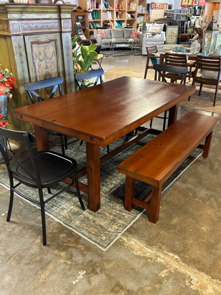 Set 8 Rustic Farm Table - Bench 2 Leaves 4 Chairs