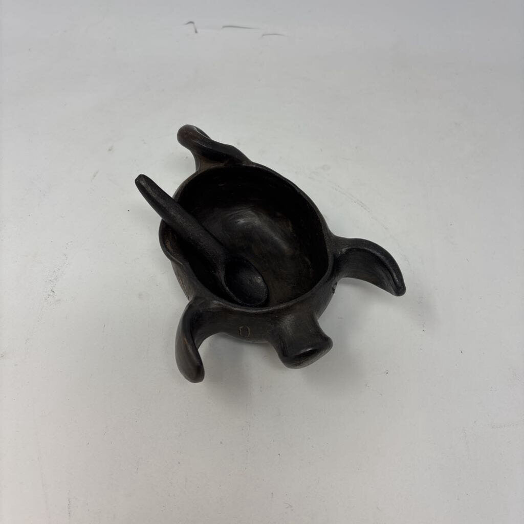 Vintage Blackware Pottery Bowl with Spoon