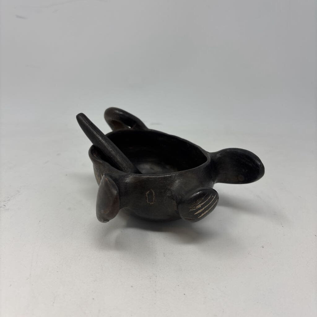 Vintage Blackware Pottery Bowl with Spoon