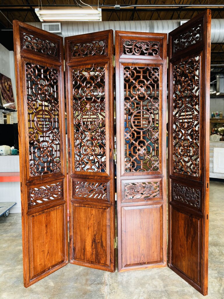 4 Panel Asian Wood Carved Screen 72 X 1.5 X 83