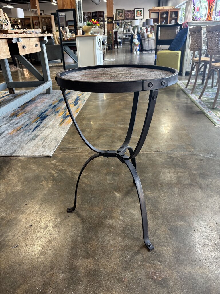 Round Rustic Wood & Metal Accent Table