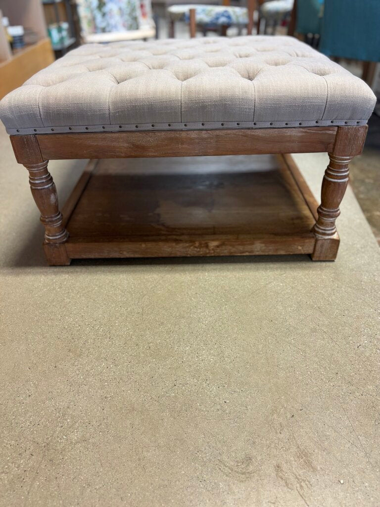 Linen Tufted Ottoman & Shelf