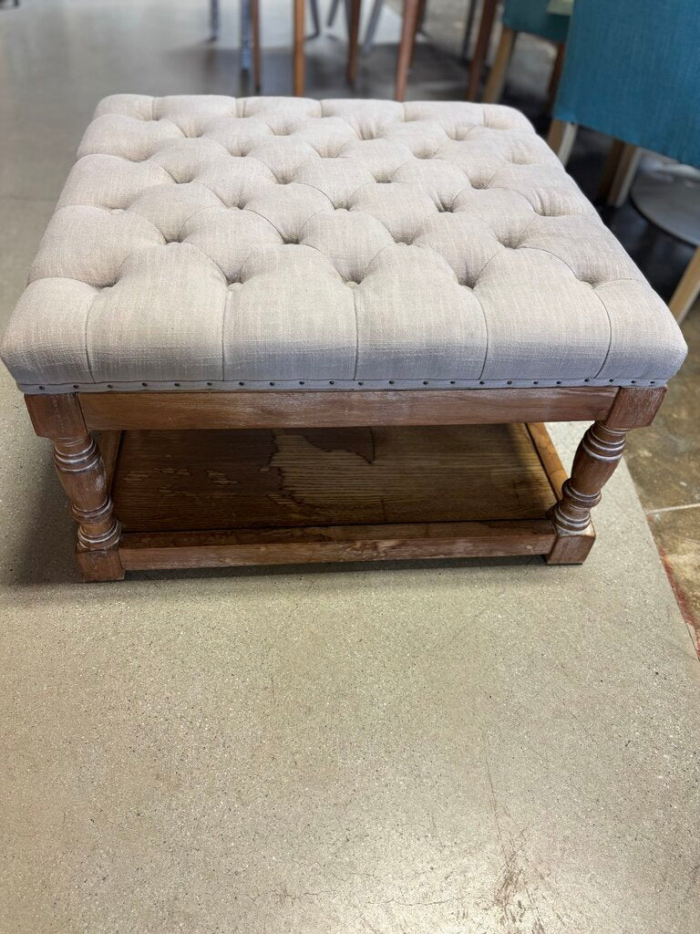 Linen Tufted Ottoman & Shelf