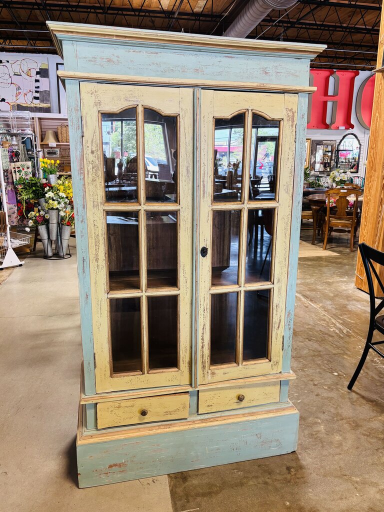Glass Doors 2 Drawer Vintage Cabinet 38.5 X 15.5 X 67.5