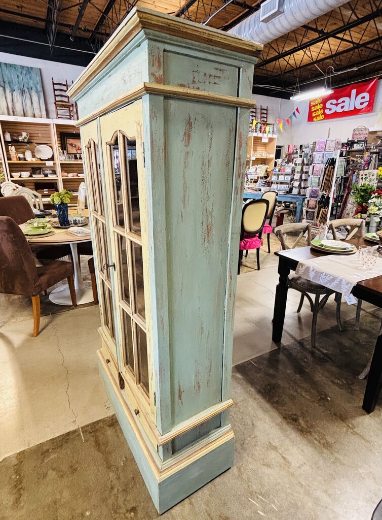 Glass Doors 2 Drawer Vintage Cabinet 38.5 X 15.5 X 67.5