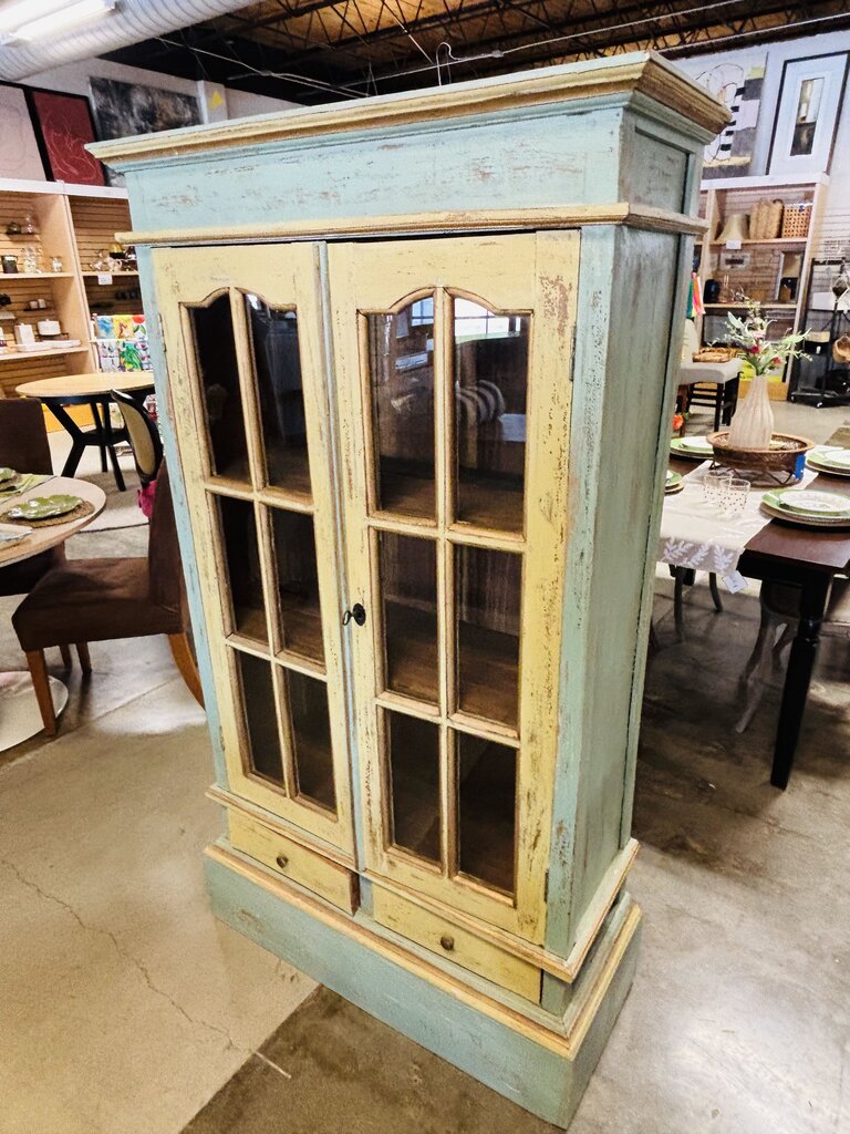 Glass Doors 2 Drawer Vintage Cabinet 38.5 X 15.5 X 67.5