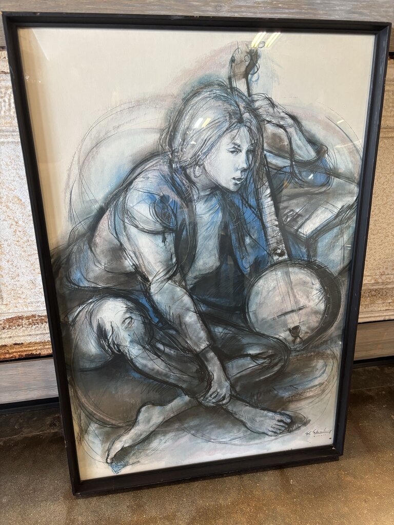 Mid Century Woman with Banjo Signed SC Schoneberg