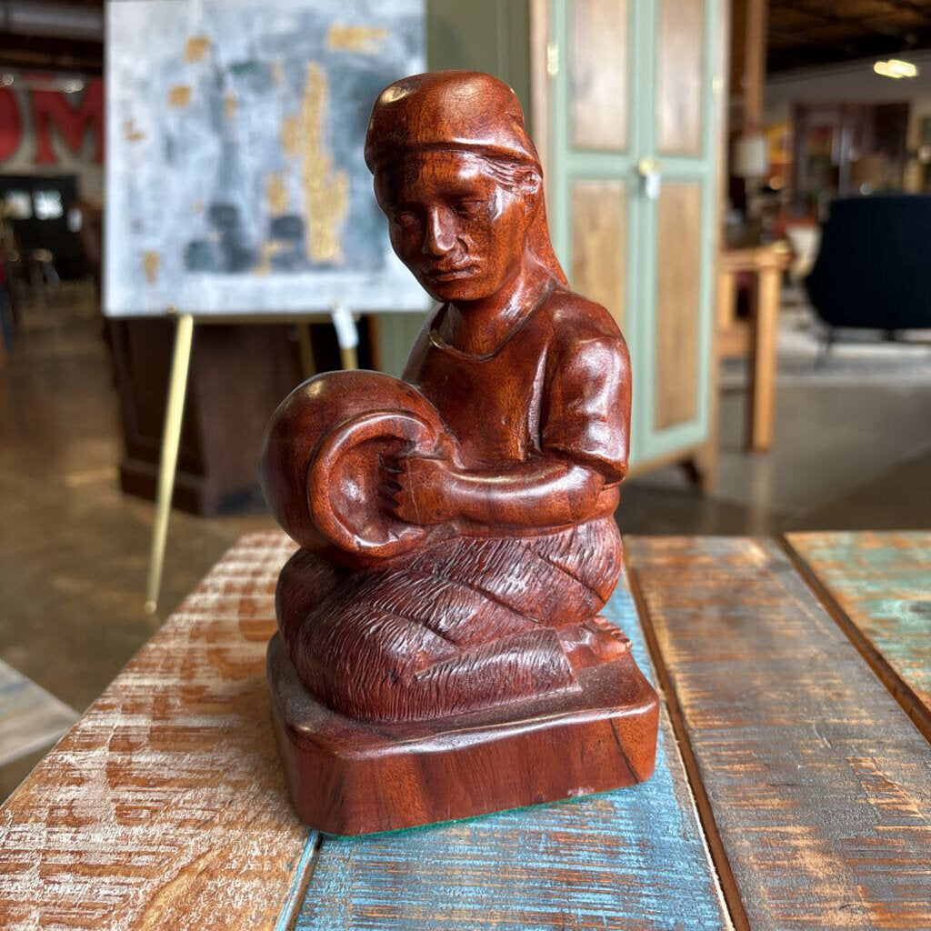 Wood Kneeling Potter Sculpture