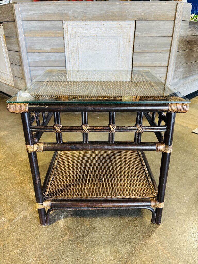 Rattan/Bamboo Glass Top Side Table 22 X 22 X 22.75