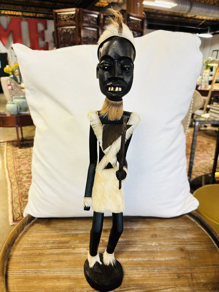 African-style Carved Wood Figurine with Fur