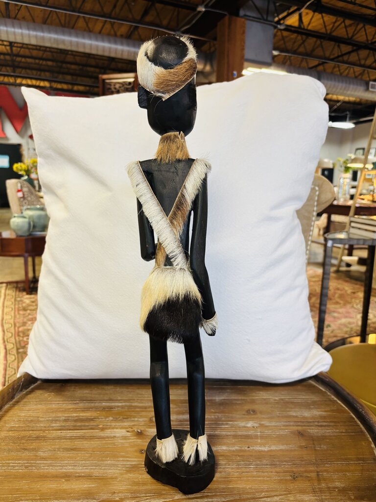 African-style Carved Wood Figurine with Fur