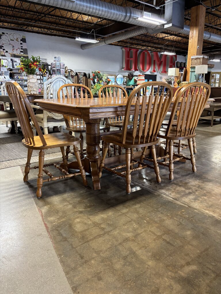 Pedestal Dining Table, 4 Leaves, 6 Chairs