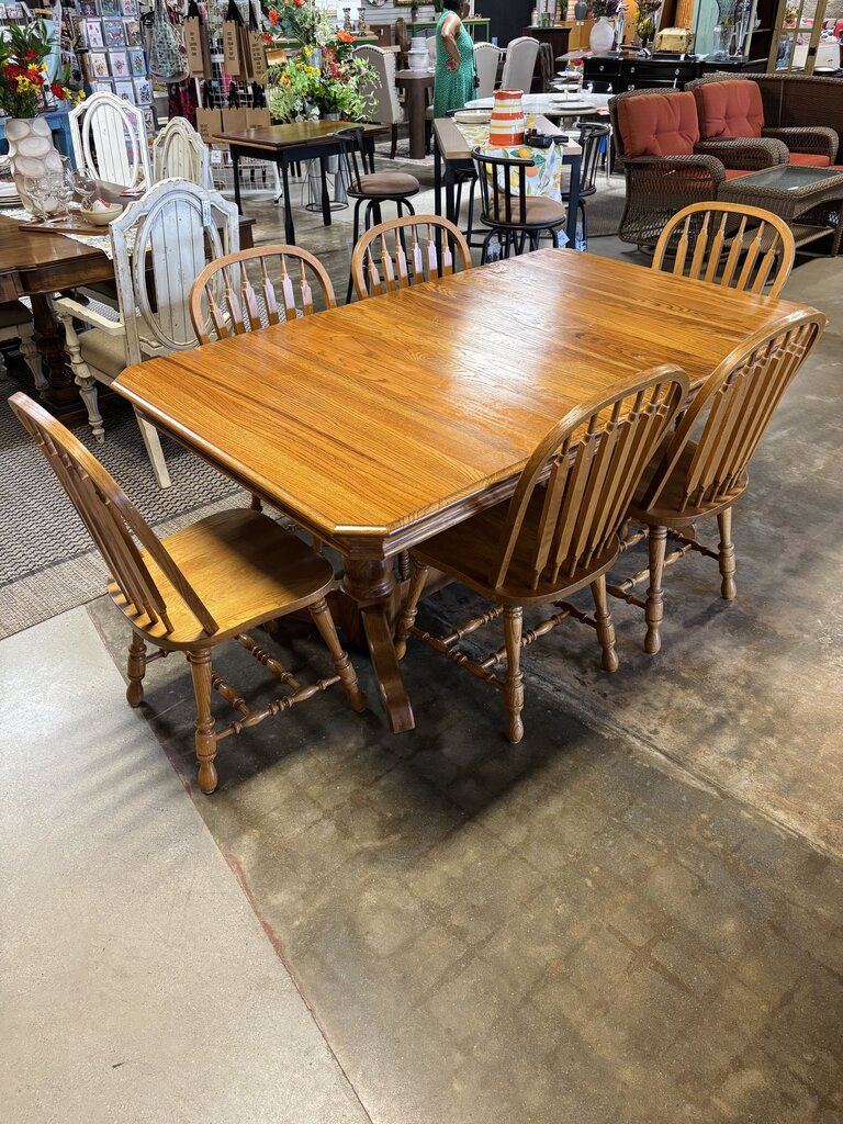 Pedestal Dining Table, 4 Leaves, 6 Chairs