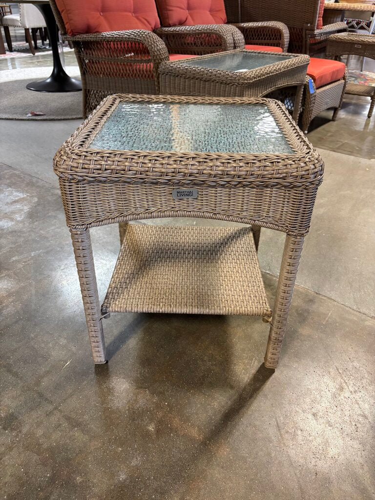 All Weather Wicker Glass Top Side Table