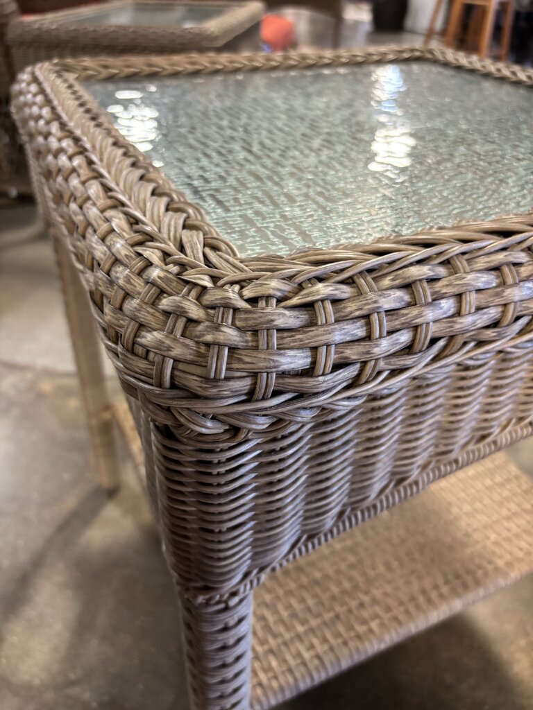 All Weather Wicker Glass Top Side Table