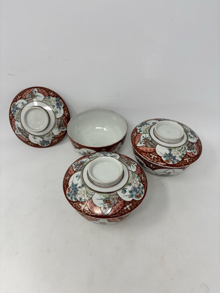 Vintage Three Asian Rice Bowls with Lids