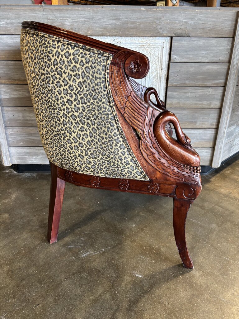 Hand Carved Swan Arms Tub Chair w/Animal Print