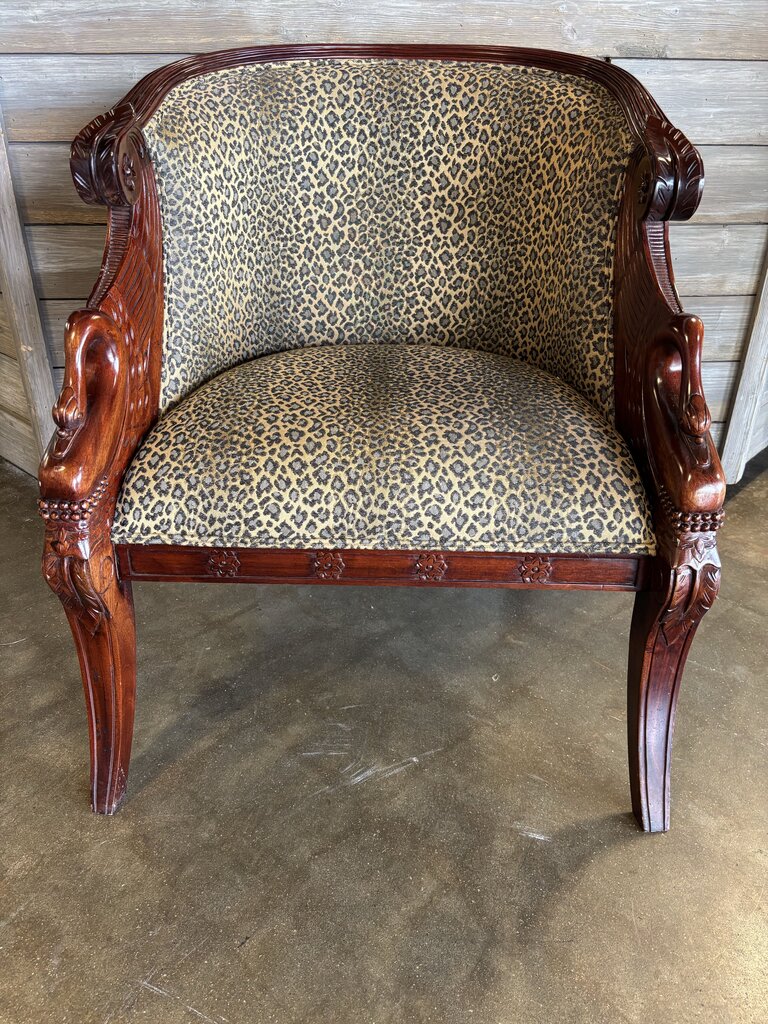 Hand Carved Swan Arms Tub Chair w/Animal Print