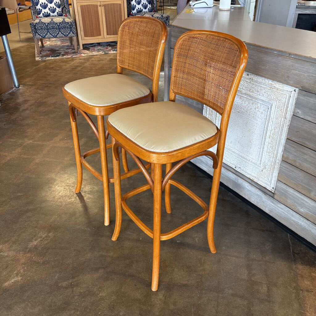 Vintage MCM Wood/Rattan Back Bar Stools Pair