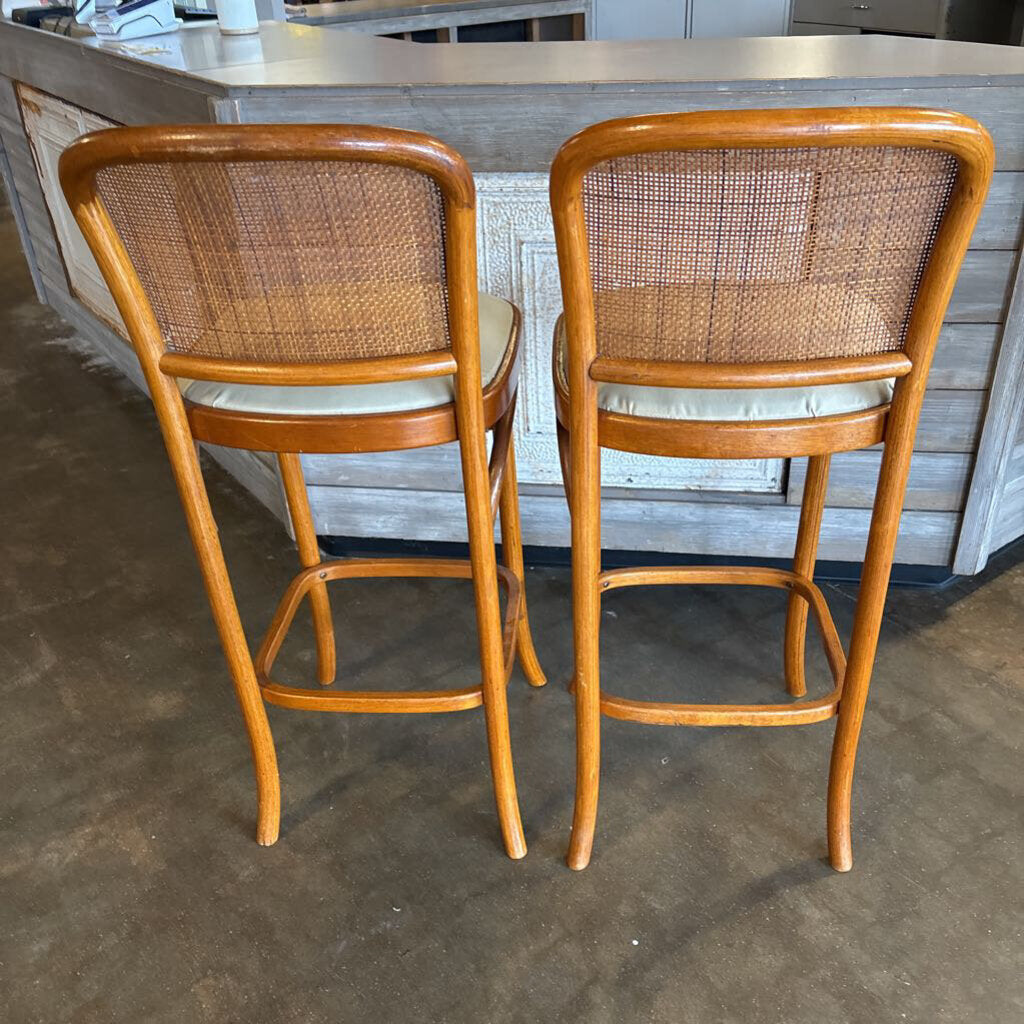 Vintage MCM Wood/Rattan Back Bar Stools Pair