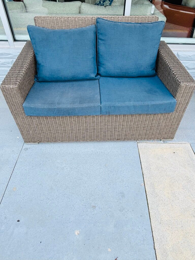 SET 3 Faux Wicker Loveseat, Chair, & Side Table w/Cushions