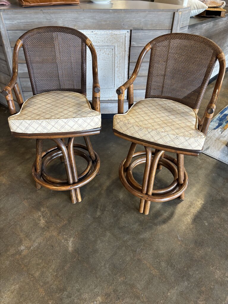 Vintage Bamboo Rattan Swivel Bar Stools Pair