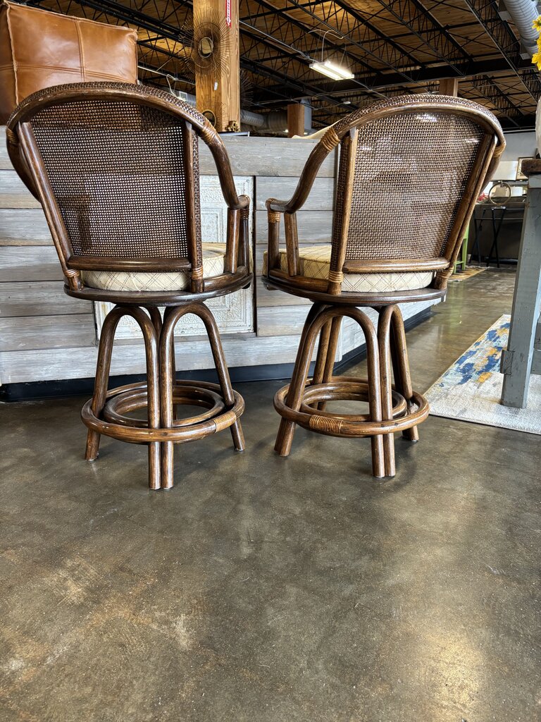 Vintage Bamboo Rattan Swivel Bar Stools Pair