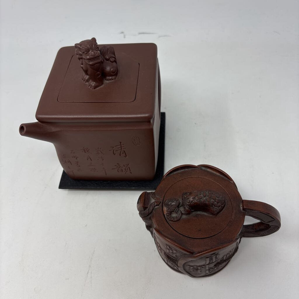 Chinese Clay Teapot and Cup with Lids & Stands